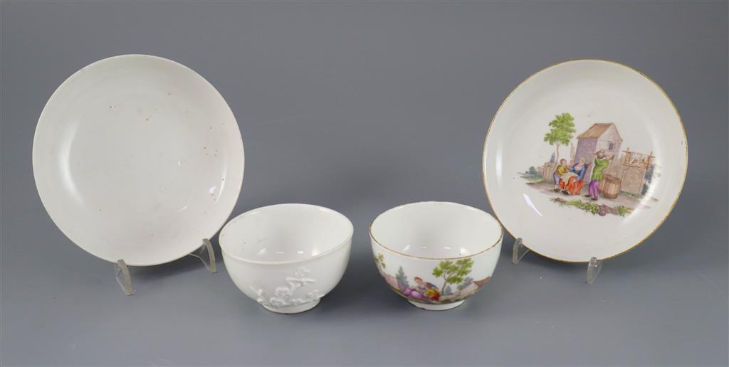 A Meissen coffee cup and saucer, c.1750, and a Meissen prunus sprig tea bowl and saucer, c.1730-40, (4)